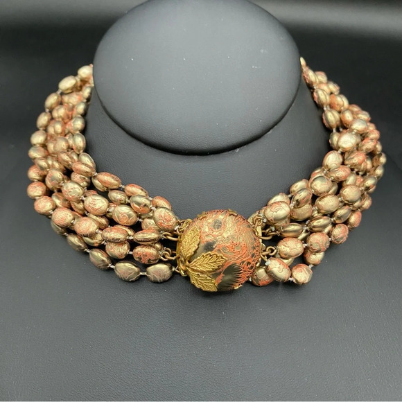 Vintage 1960s Choker Necklace with Plastic Gold and Coral Beads with Leaf Motif - Picture 1 of 11
